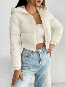 SHEIN PETITE Casual Solid Color Hooded Cropped Winter Jacket - Beige - View 4