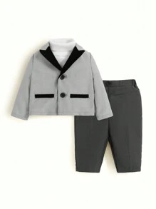 SHEIN Baby Boy Lapel Neck Jacket & Pants Without Sweater - Multicolor - View 1