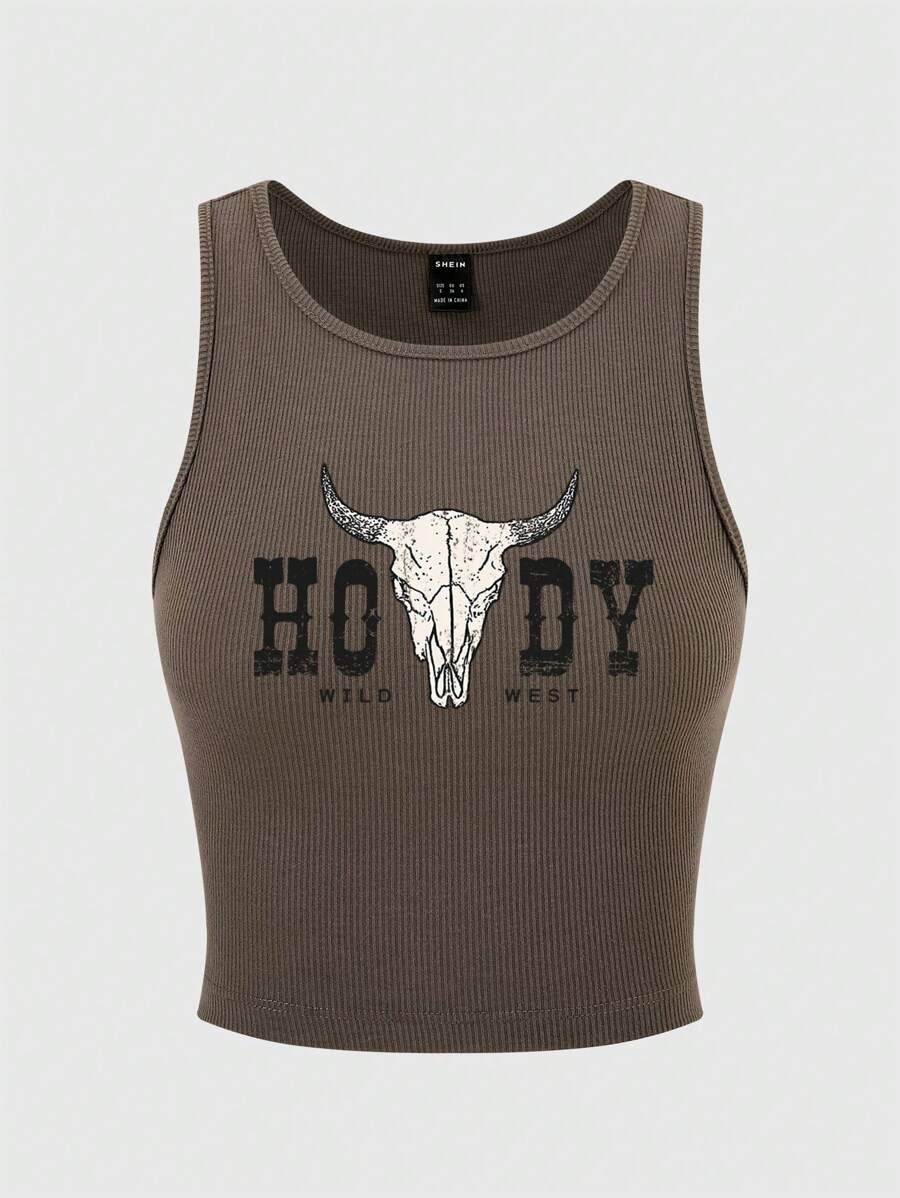 SHEIN Unity Letter Graphic Crop Tank Top - Coffee Brown - View 1