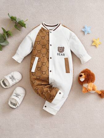 Yierying Spring/Autumn Multi-Color Contrast Bear Head Print Jumpsuit With Front Button Closure, Raglan Sleeves, Comfy Style