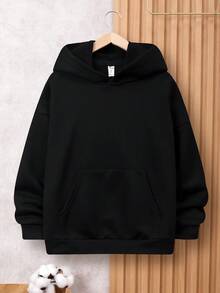 SHEIN 1件青少年男童字母图案袋鼠口袋落肩卫衣 - 黑色 - 查看 2