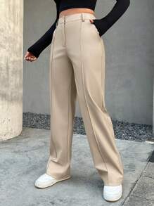 SHEIN Coolane 高腰接縫細節直筒褲 - 杏色 - 查看 3