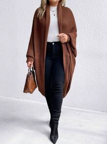 SHEIN LUNE Plus Size Batwing Sleeve Cardigan - Coffee Brown - View 1