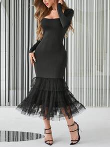 SHEIN Privé Vestido ajustado de malla en contraste bajo sirena - Negro - Ver 4