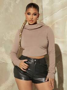 SHEIN SXY Solid Hooded Crop Tee - Khaki - View 6