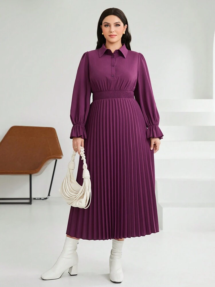 Plus Size Lace Sleeve Pleated Hem Dress