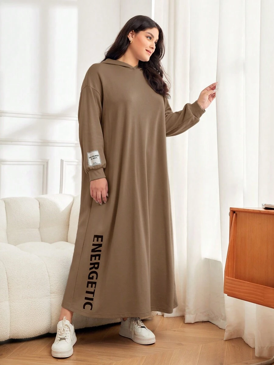 Mulvari Plus Letter Graphic Drop Shoulder Hooded Sweatshirt Dress - Khaki - View 1