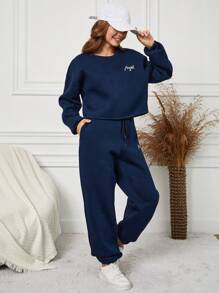 RueChic Teen Girls' Letter Printed Drop Shoulder Sweatshirt And Pants Set - Royal Blue - View 3