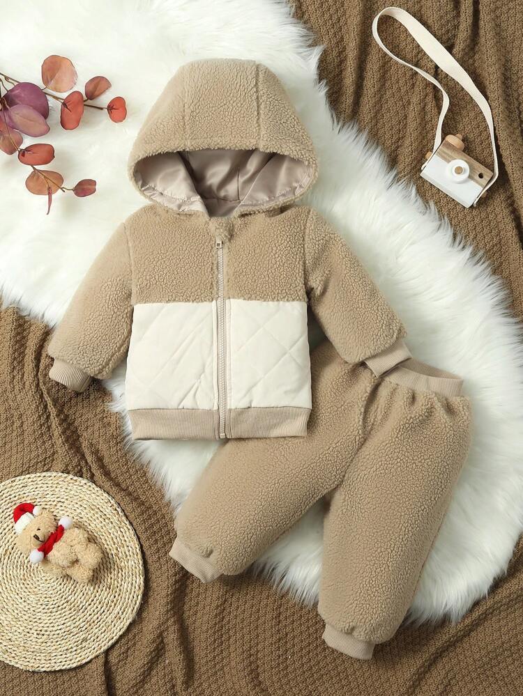 Baby Girl Two Tone Hooded Teddy Jacket & Pants