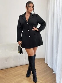 SHEIN Essnce Plus Size Women's Single Breasted Tie Blazer Coat - Black - View 4