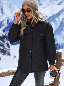 SHEIN Frenchy Áo khoác đệm chần bông thả vai có chi tiết vạt Quần áo mùa đông - màu đen - Xem 1