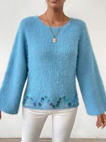 SHEIN LUNE Patched Detail Drop Shoulder Fluffy Knit Sweater Knit Pullover Fall Winter Outfit - Baby Blue - View 4