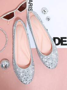SHUZIA Rhinestone Decor Glitter Ballet Flats - Silver - View 6