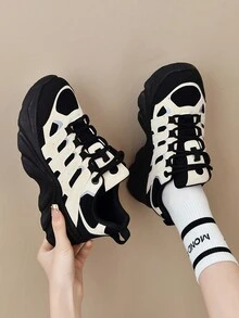 Của phụ nữ Đúng mốt Màu sắc Chặn Dày Đế Lace-up Không trượt Bền chặt Lưới Bên trong Thấm hút mồ hôi Ngoài trời Khỏe mạnh  chạy Giày thể thao - màu đen - Xem 3
