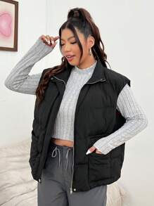 SHEIN EZwear Chaqueta minimalista sin mangas con cierre de cremallera frontal, de uso diario casual, para talla grande - Beis - Ver 6