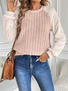 SHEIN LUNE Khối màu Tay Raglan Flannel Áo nỉ - Màu Khaki - Xem 4