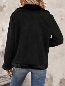 SHEIN LUNE Lapel Neck Zip Up Slant Pocket Thermal Lined Suedette Moto Jacket - Black - View 2