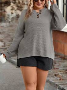 SHEIN LUNE Talla grande Jersey con botón delantero de hombros caídos bajo irregular