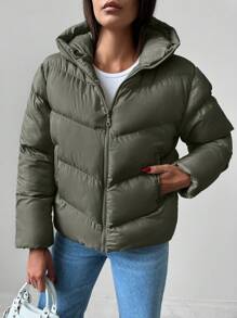 EURMUSE 女士連帽拉鍊棉衣 - 墨綠色 - 查看 5