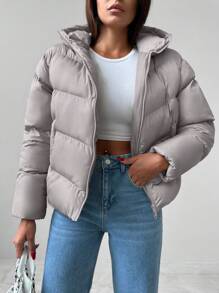 EURMUSE 女式帽兜拉鍊加厚外套 - 淺灰色 - 查看 1