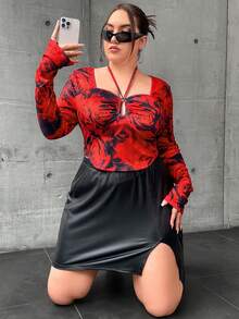 SHEIN ICON Talla grande Camiseta con estampado floral con cordón trasero - Multicolor - Ver 5