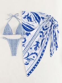 SHEIN Swim 夏季海灘花卉印花掛脖三角比基尼套裝配沙灘裙 - 藍白色 - 查看 5