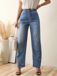 SHEIN LUNE Jeans de pierna recta con estampado de mariposa sin cinturón