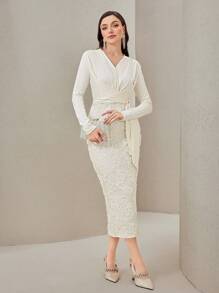 Modelyn Floral Jacquard Knot Side Split Back Dress - Apricot - View 5