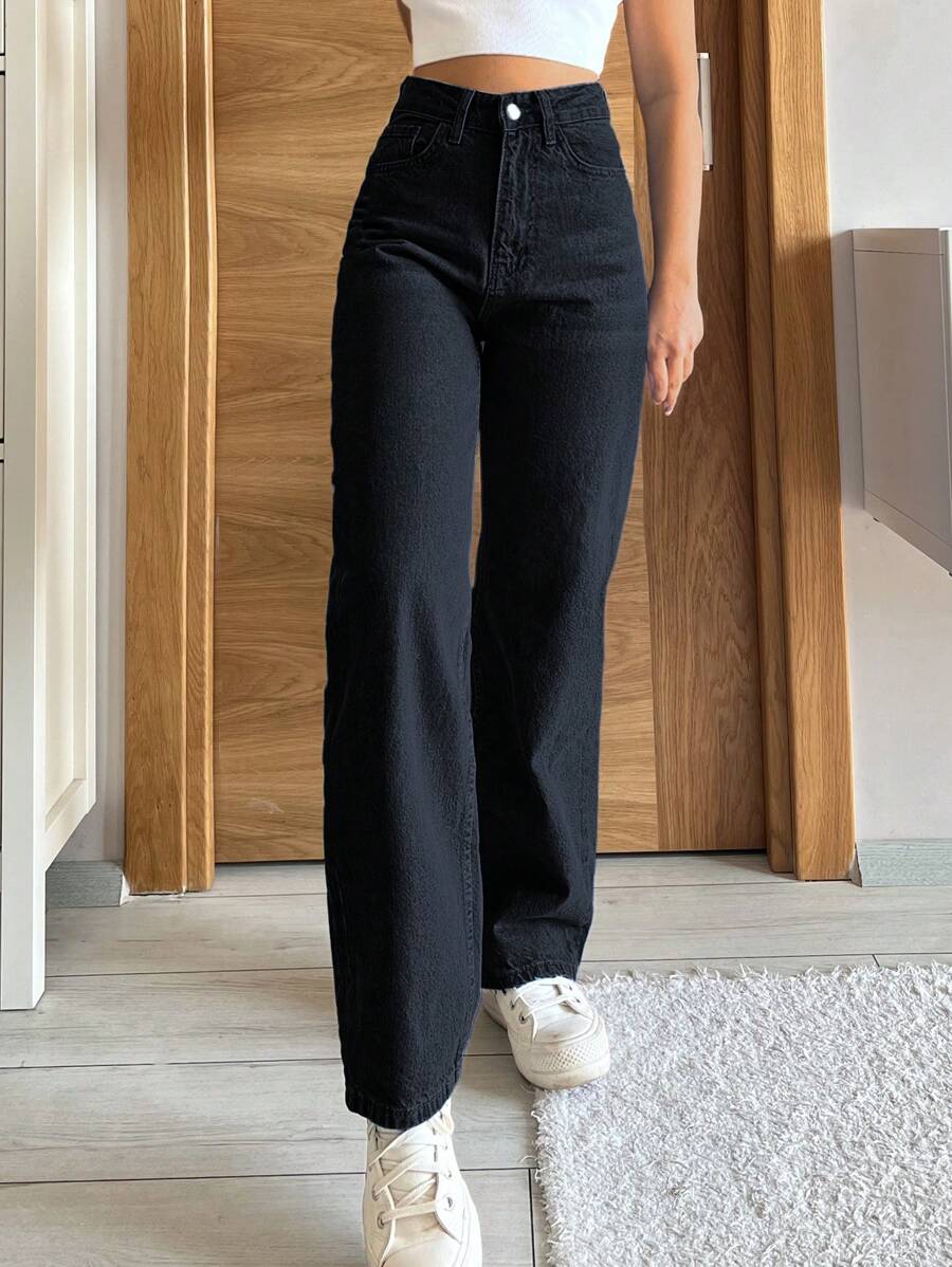 SHEIN PETITE High Waist Straight Leg Jeans - Black - View 1