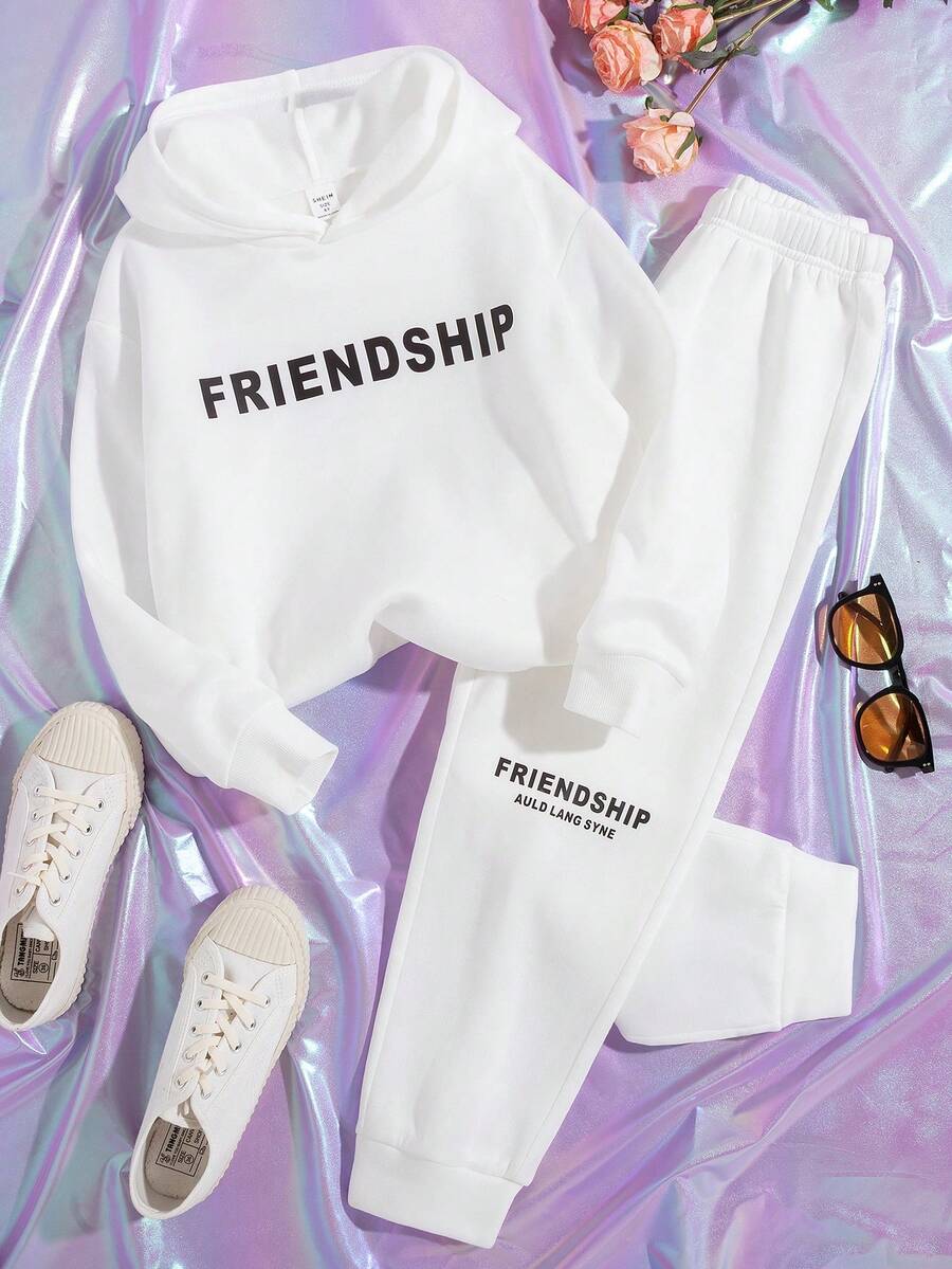 SHEIN Tween Girl Letter Graphic Hoodie & Sweatpants - White - View 1