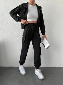EURMUSE Zip Up Drop Shoulder Hoodie & Flap Pocket Drawstring Waist Sweatpants - Black - View 3