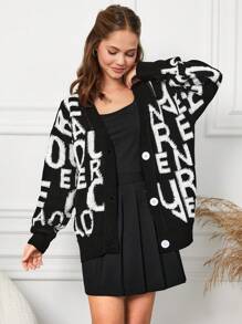 SHEIN Cottnline كارديجان نمط عبارة منخفض الاكتاف بنت شباب - أبيض وأسود - مشاهدة 1