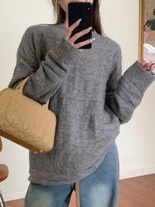 Dazy Star 素色下垂肩毛衣 - 灰色 - 查看 8