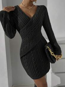 Chiquease Crossover Cable Knit Sweater Dress - Black - View 1