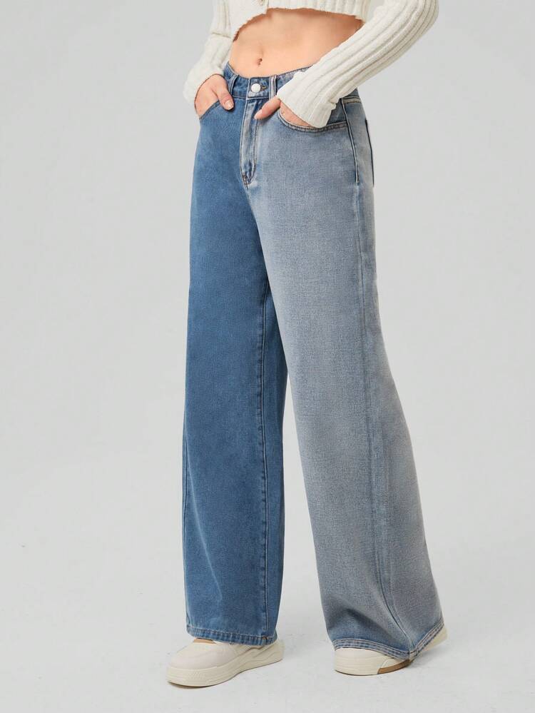 Women's Straight Leg Jeans With Contrast Color Slanted Pockets