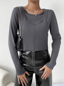 SHEIN Essnce T-Shirt 2 En 1 Unicolore - Gris foncé - Voir 5