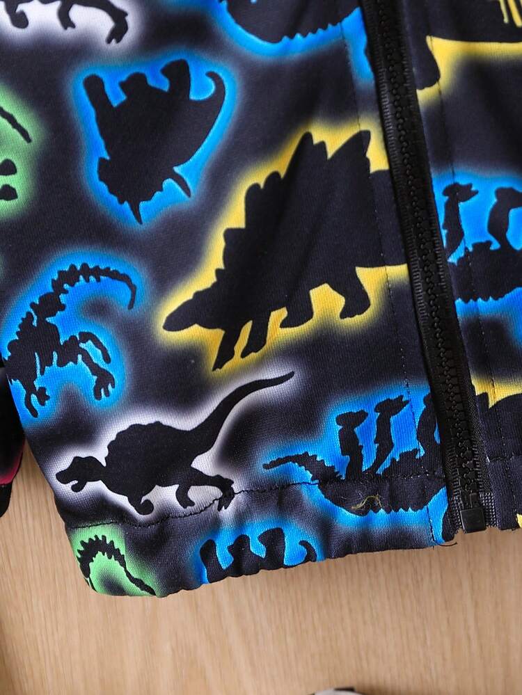 Baby Boy Dinosaur Print Patch Detail Hooded Jacket Without Tee