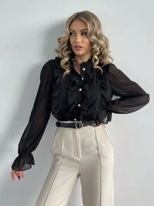 Firerie Flounce Sleeve Ruffle Trim Button Front Shirt,Long Sleeve Tops - Black - View 5