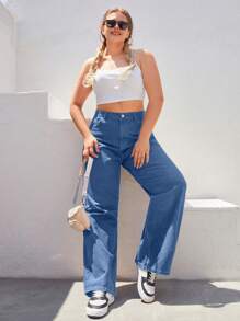 RueChic Plus High Waist Wide Leg Jeans - Blue - View 5