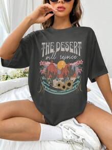 SHEIN EZwear Đồ họa chữ và hoa Áo thun Thả vai - Màu xám đen - Xem 1