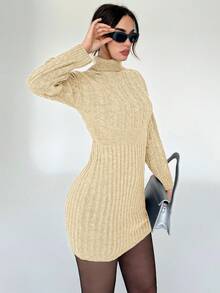SHEIN Privé Turtleneck Drop Shoulder Sweater Dress - Apricot - View 4