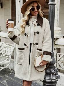 SHEIN LUNE Duffel-Coat En Duveteux À Col Contrastant Avec Poches Épaule tombante