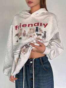 DAZY Slogan & In Động vật Thả vai Hoodie - Xám - Xem 6