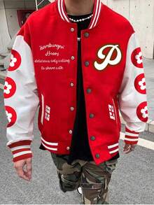 Manfinity Hypemode Nam Lỏng lẻo phù hợp Hamburger & In Khẩu hiệu Sọc trang trí Thả vai Áo khoác Đại học - Nhiều màu - Xem 3