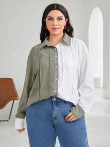 Mulvari Plus Two Tone Drop Shoulder Button Front Shirt - Multicolor - View 2