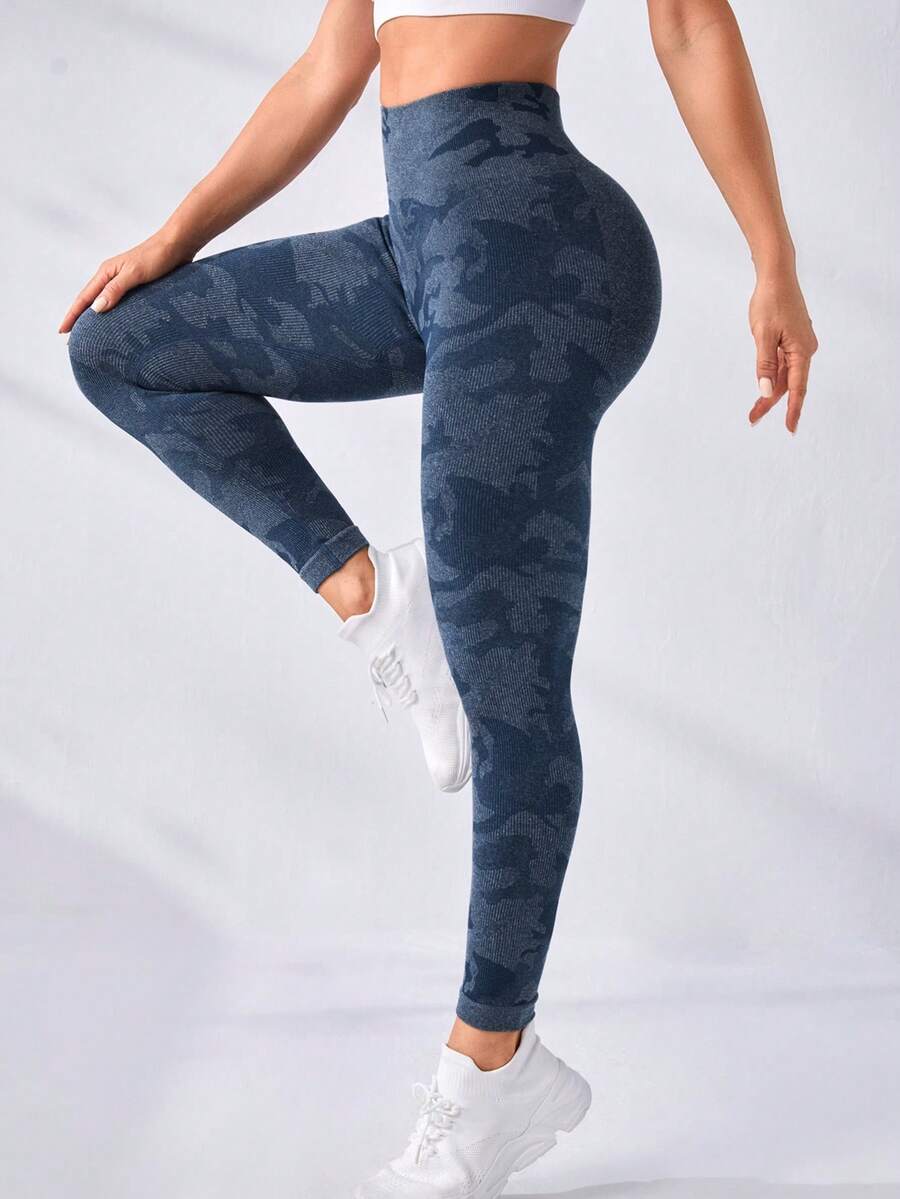 SHEIN Running 無縫高彈迷彩運動打底褲 - 藏蓝色 - 查看 1