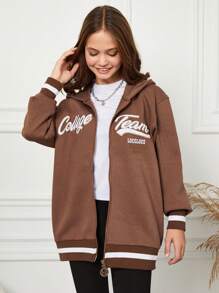 RueChic Teen Girls' Letter Embroidery Zipper Front Hooded Jacket - Brown - View 3