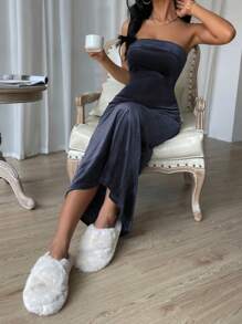 SHEIN Privé Solid Mermaid Hem Tube Dress - Navy Blue - View 3