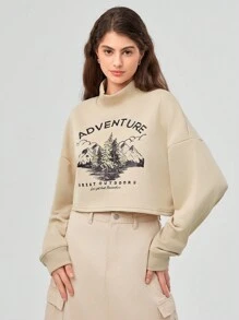 Forever 21 女士自然風景和口號印花半高領垂肩短開衫式運動衫 - 卡其色 - 查看 3