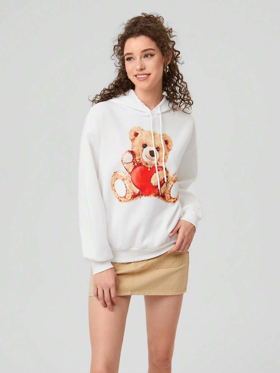 Forever 21 Women's Hooded Sweatshirt With Bear Print & Drawstring - White - View 1